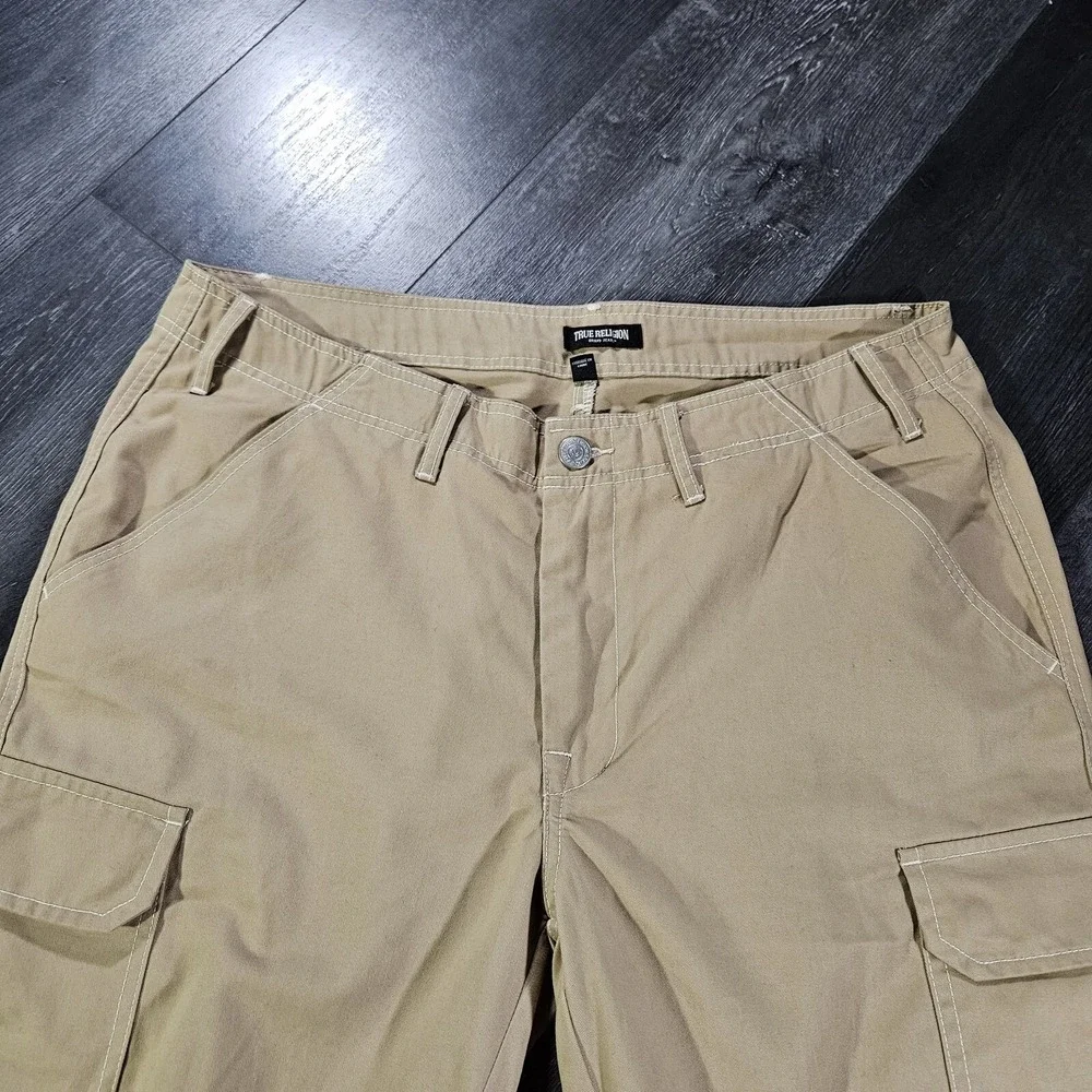 True Religion Cargo Pants Mens 36x32 Tan Flap Pockets Hip Hop Streetwear Baggy
